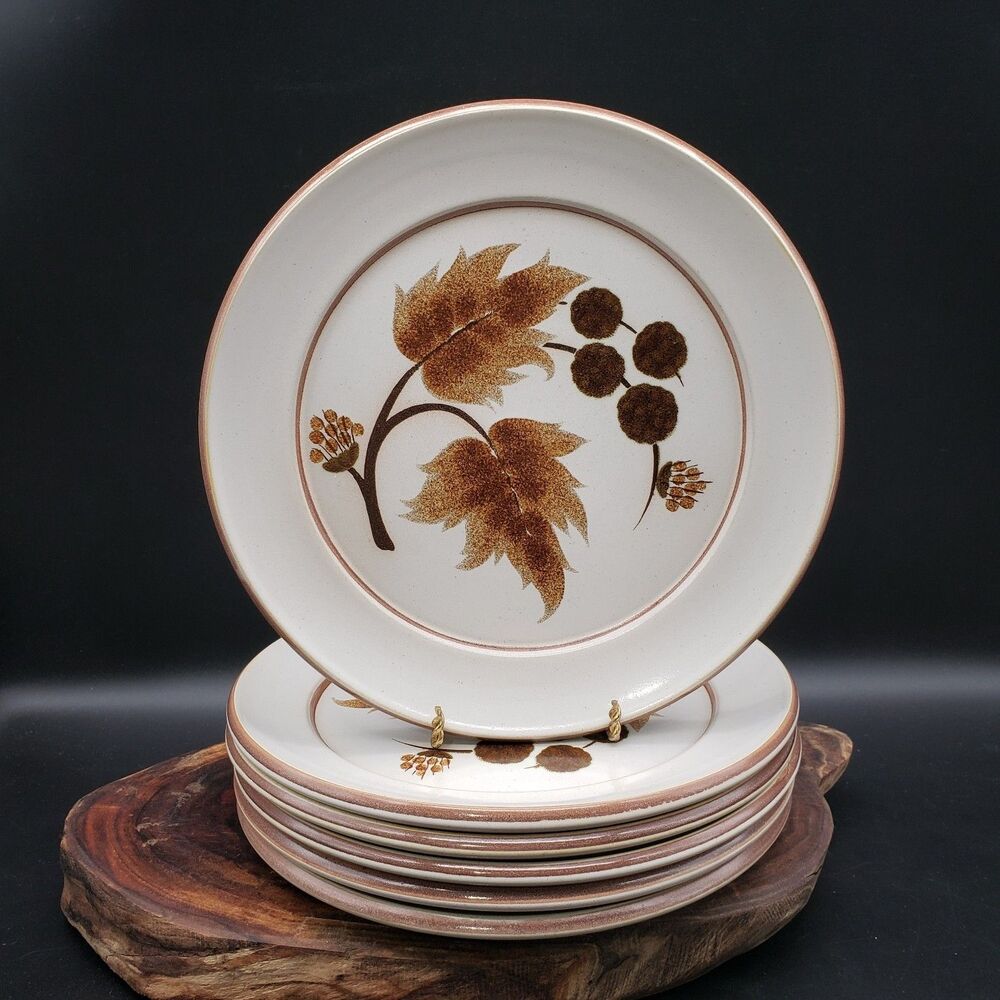 Vintage DENBY Brown Leaves COTSWOLD Stoneware 8" Salad Plates Set of 8 ENGLAND